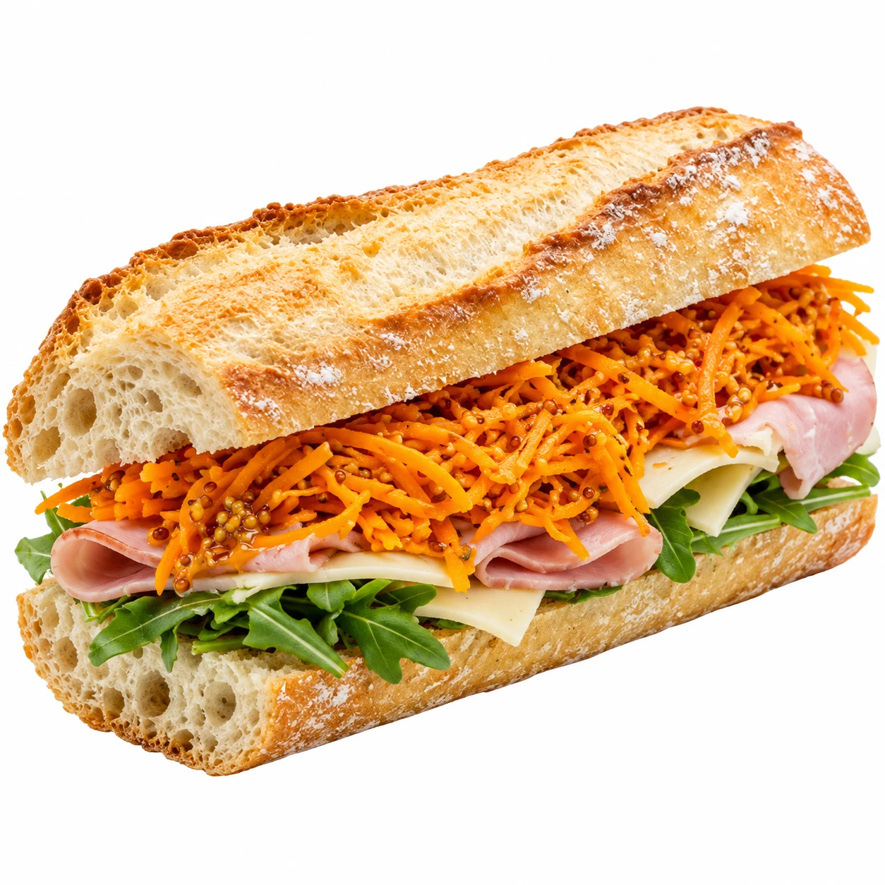 당근 라페와 속재료의 층이 드러나는 샌드위치 단면